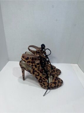 bebe Leopard Print Lace-Up Stiletto Sandals in Brown and Black